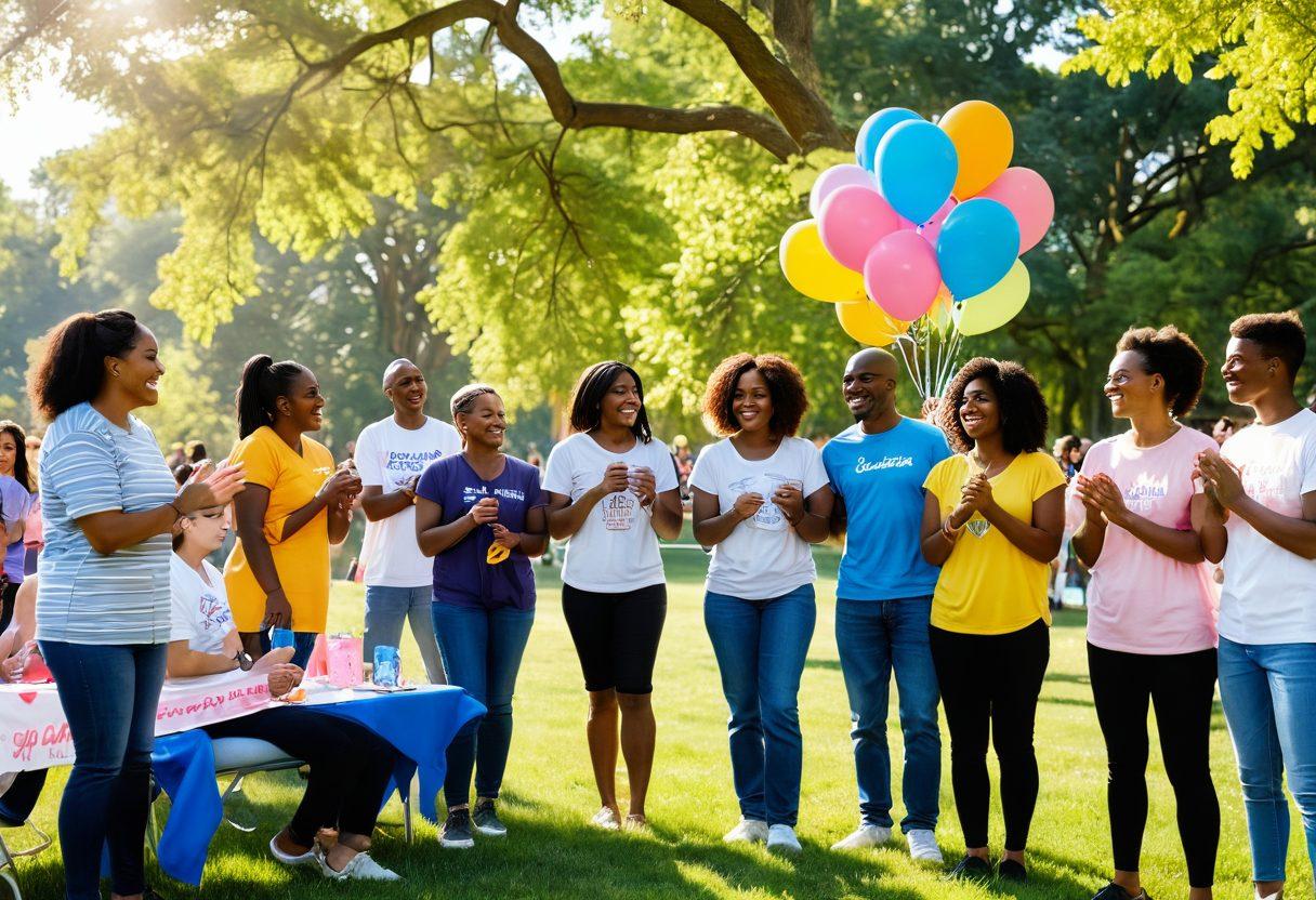 A warm, inviting scene of a diverse group of people gathered in a sunlit park, supporting each other with smiles and gestures of encouragement. In the background, various cancer awareness ribbons are displayed, symbolizing unity and strength. Include elements like colorful balloons, a picnic setup, and banners promoting love and hope. The atmosphere radiates positivity and community spirit. vibrant colors. super-realistic.