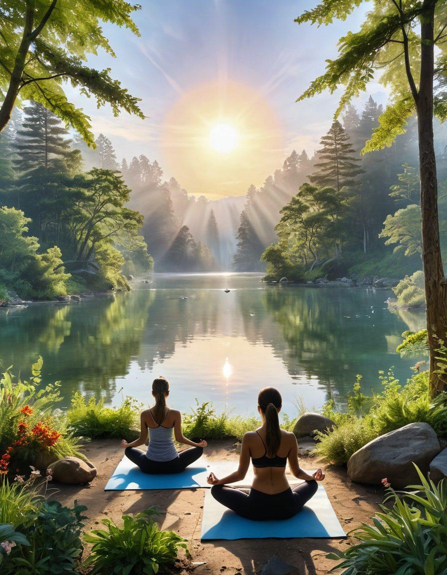 A serene landscape depicting a harmonious blend of natural elements, including a radiant sun rising over a tranquil lake surrounded by lush greenery. The foreground features a diverse group of individuals practicing yoga and meditation, embodying peace and community. In the background, subtle symbols of healing like crystals and herbal plants can be seen, illustrating holistic healing. The overall atmosphere is uplifting and nurturing, inviting viewers to embrace wholeness on their journey. vibrant colors. super-realistic.