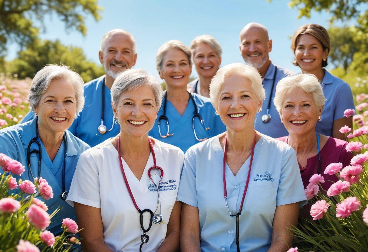 A compassionate scene depicting a diverse group of cancer survivors of various ages, smiling and supporting each other in a serene outdoor setting with blooming flowers and a clear blue sky. Visual elements include a stethoscope, colorful ribbons symbolizing awareness, and uplifting quotes on the grass, representing hope and empowerment. The atmosphere radiates warmth, joy, and resilience. super-realistic. vibrant colors. soft focus.